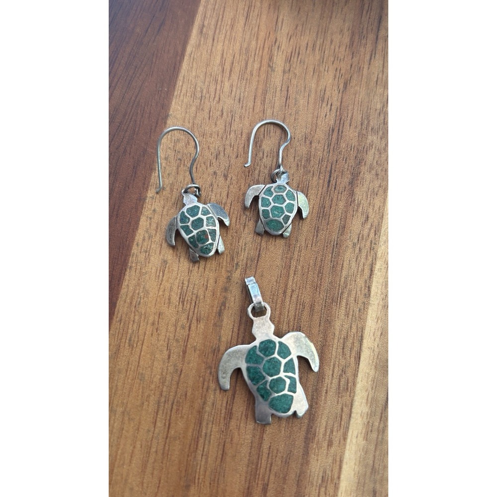 Sterling Silver & Green Turtle Dangle Earrings And Pendant Set